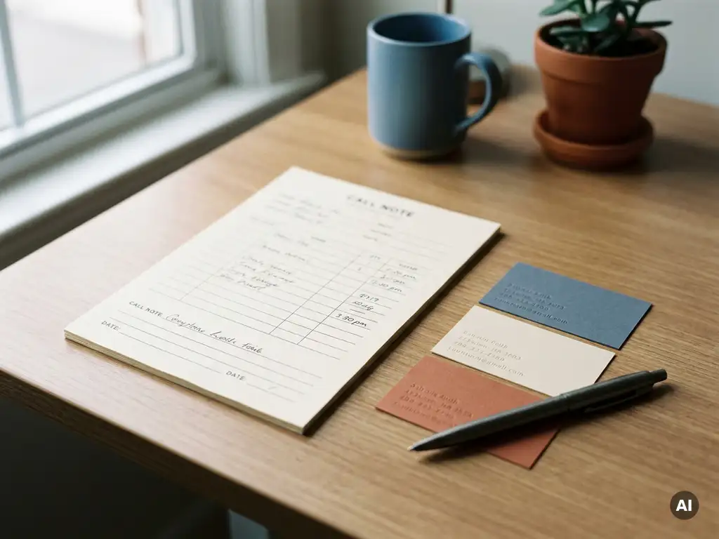 Gedrukt gespreksnotitieblad op kantoorbureau met drie naamkaartjes en een pen, zacht natuurlijk licht, warme tinten.