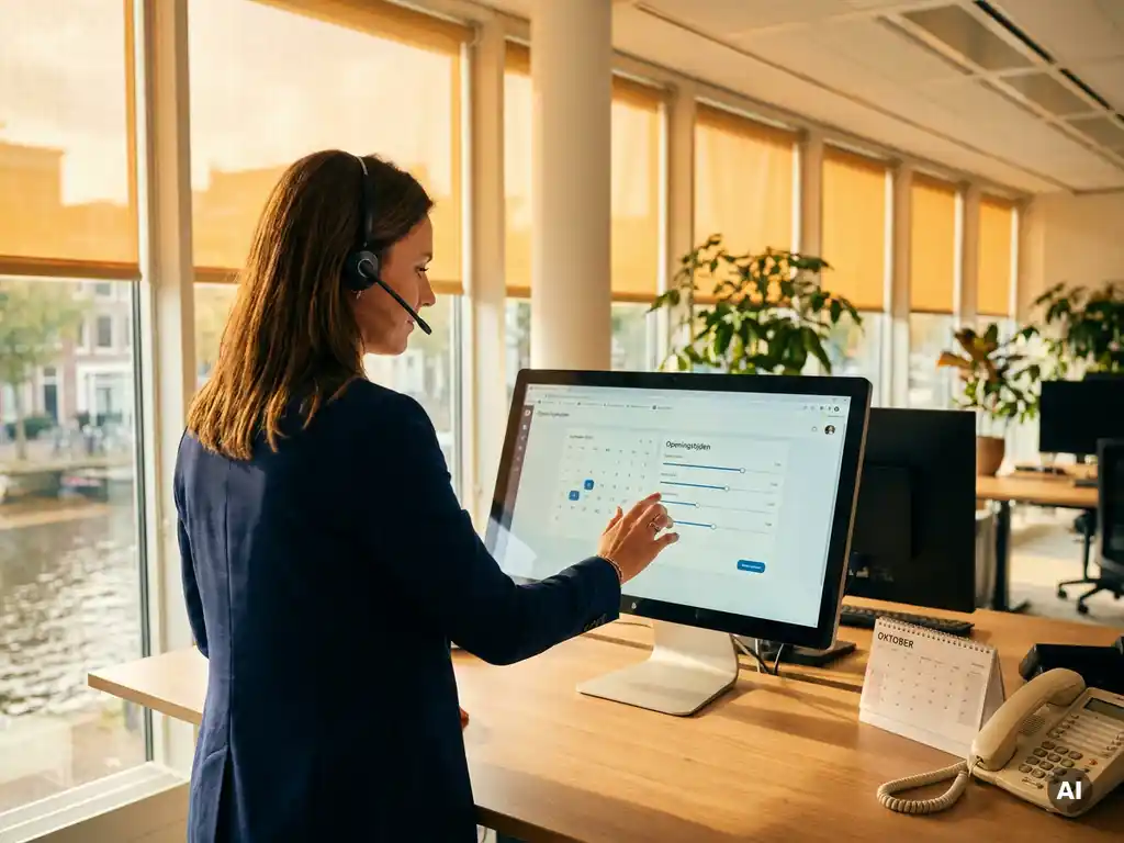 Professionele vrouw met headset past openingstijden aan op desktopbeheerpaneel in modern Nederlands kantoor met warme middaglichtinval.