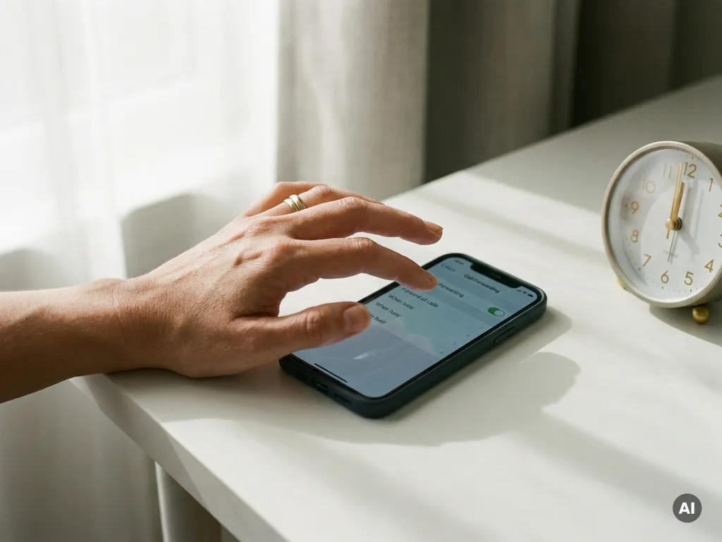 Vrouwenhand boven smartphone met doorschakelingsinterface op wit bureau, analoge klok en zacht natuurlijk licht op de achtergrond.