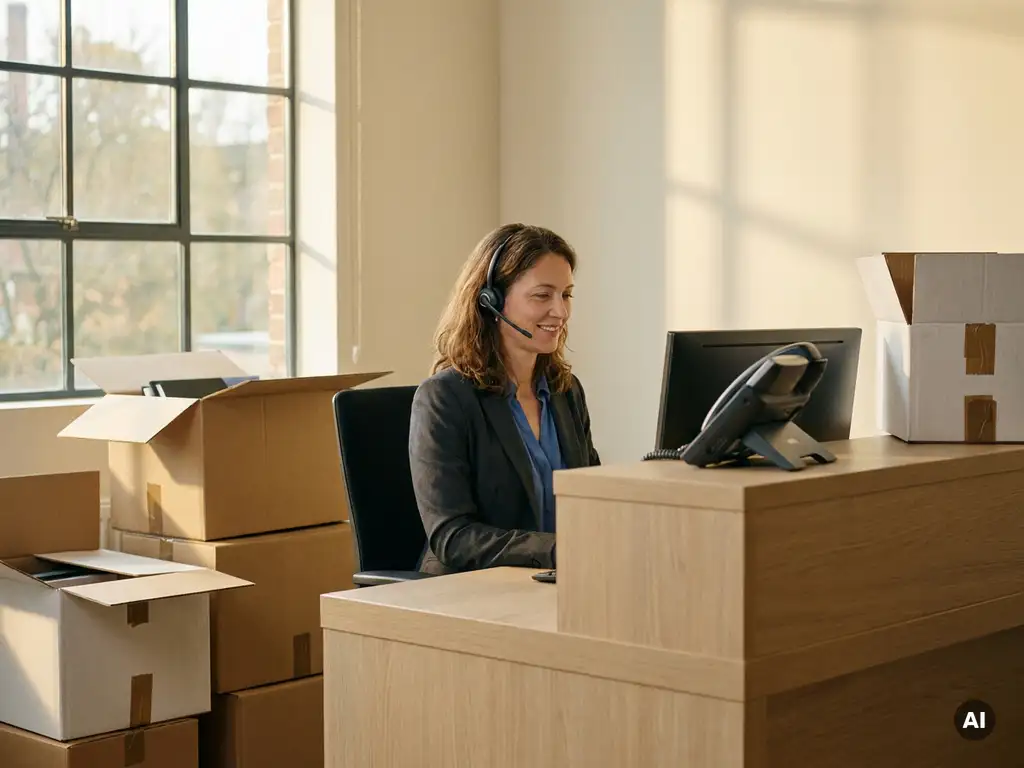 Professionele vrouw met headset aan receptiebalie omringd door half ingepakte verhuisdozen en een omgevallen telefoon.