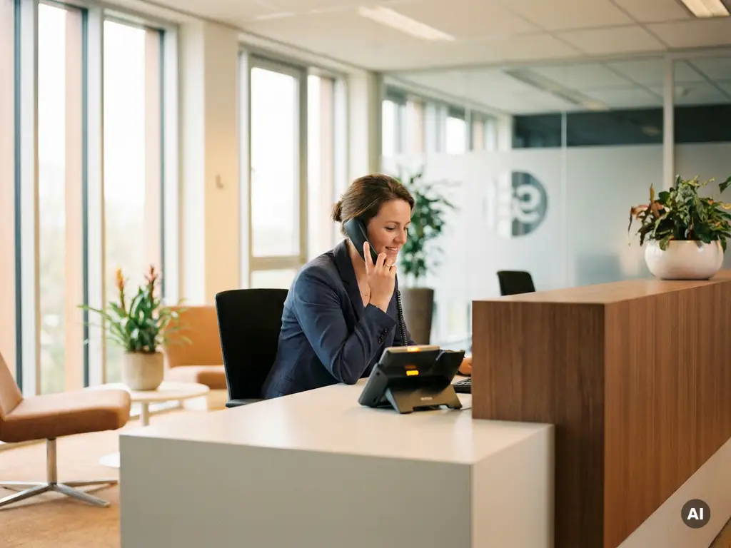 Professionele vrouw aan receptiebalie met telefoon, tweede lijn knippert, rustige uitstraling in modern Nederlands kantoor.