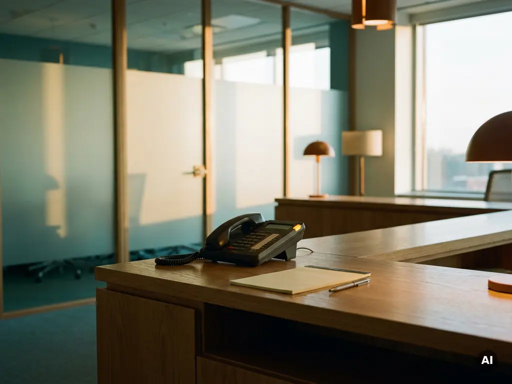 Lege receptiebalie met knipperende telefoonhoorn, notitieblok en pen in warm kantoorlicht met gefrost glas op de achtergrond.