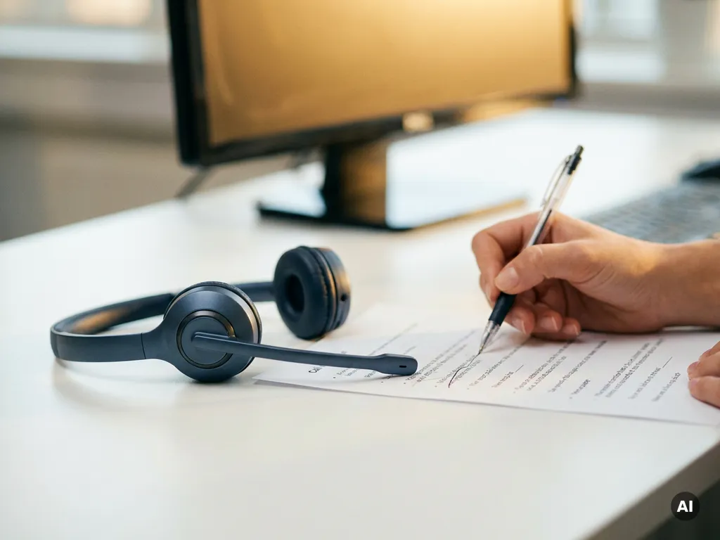 Receptionist die een gedrukt belscript bijwerkt aan een wit bureau, met een headset en monitor op de achtergrond.