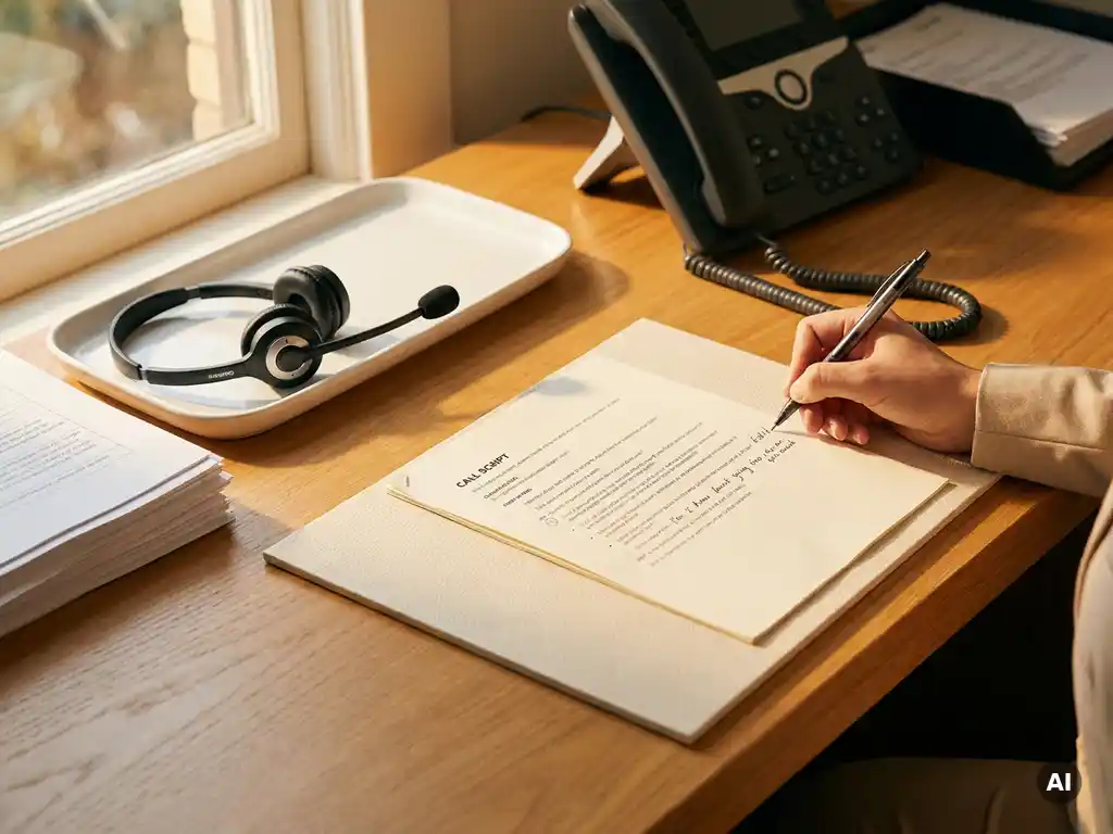 Receptionistenbalie met een uitgeprint belscript, handgeschreven aantekening in de marge en een headset in warm goudkleurig licht.