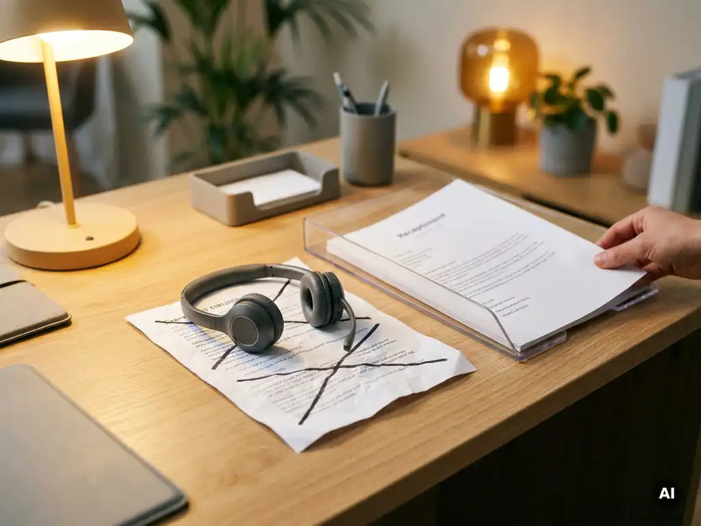Receptionistenbalie met doorgestreept instructieblad vervangen door bijgewerkt document, headset erbovenop, warme kantoorverlichting.