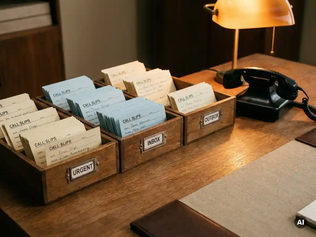 Georganiseerd receptionistenbureaus met drie gelabelde postvakjes gevuld met telefoonnotities en een hoorn ernaast.