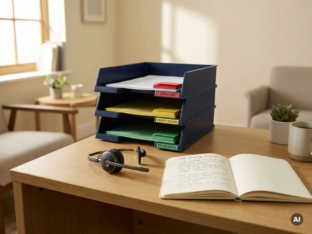 Receptiebalie met kleurgecodeerde prioriteitslades voor telefoonbriefjes in rood, geel en groen, headset en opengeslagen notitieboek in warm kantoorlicht.