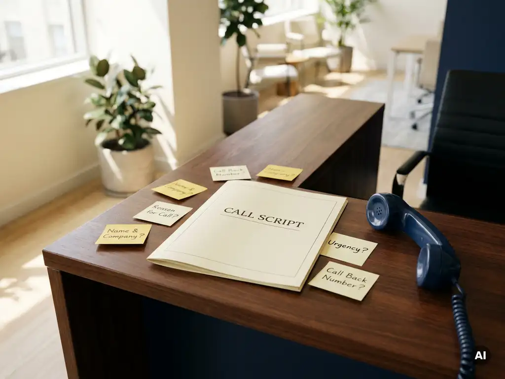 Receptiebalie met gedrukt belscript naast een telefoonhoorn, omringd door georganiseerde sticky notes met vragen in warm kantoorlicht.