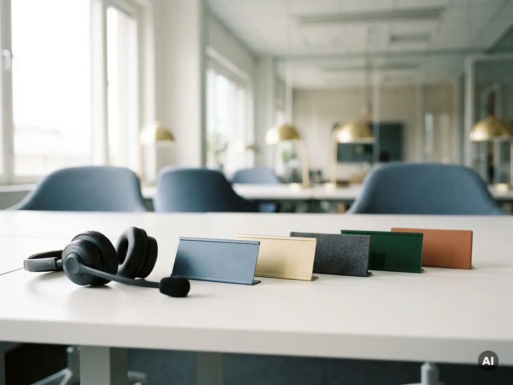 Professionele receptie-headset op wit bureau naast vijf gekleurde naamplaatjes, zachte kantoorverlichting op de achtergrond.