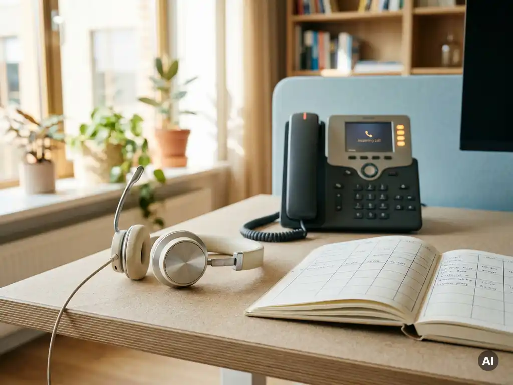 Professionele receptie-headset op een opgeruimd bureau naast een geordend gesprekslogboek, met een zachtgloeiende belindicator op een kantoortelefoon.