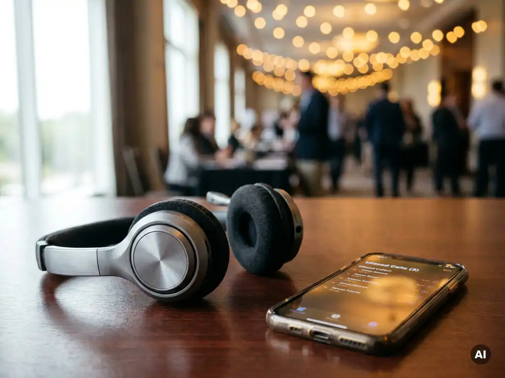 Professionele receptie-headset op bureau naast smartphone met gemiste oproepen, conferentiezaal op de achtergrond.