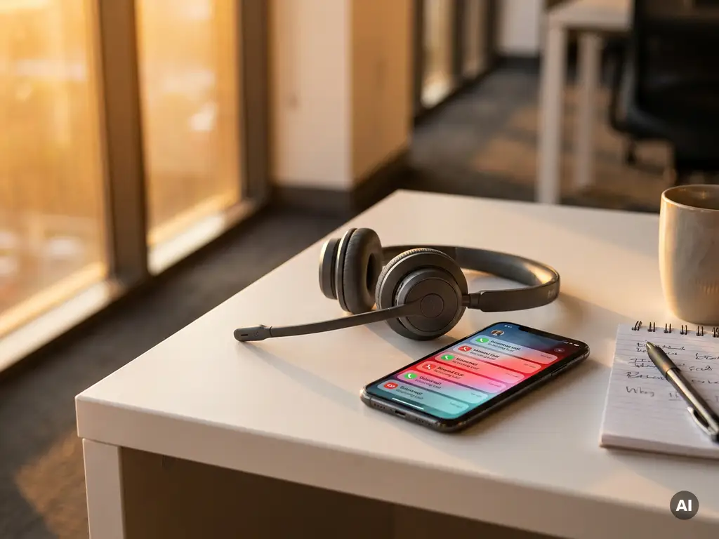 Professionele receptie-headset op wit bureau naast smartphone met binnenkomende oproepen, notitieblok en pen in warm gouden licht.