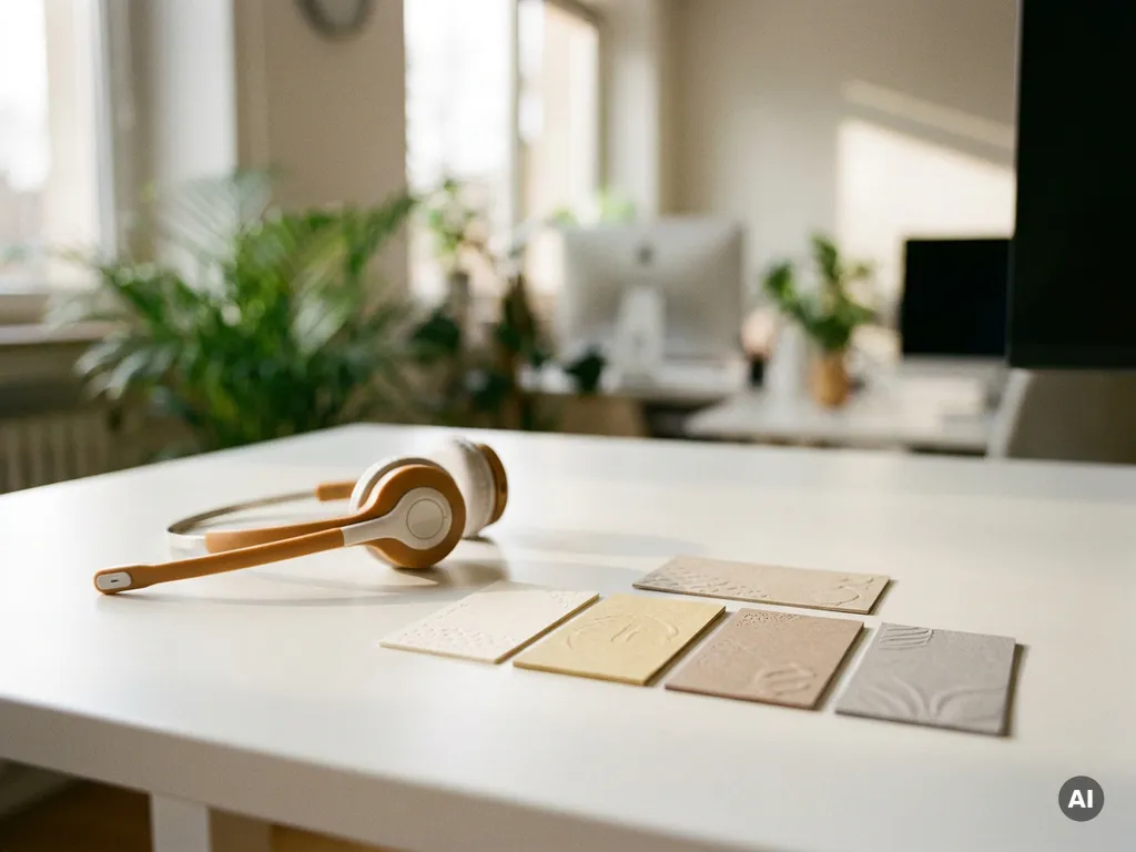 Professionele receptie-headset naast vijf kleurrijke visitekaartjes op een wit bureau, warm natuurlijk licht, onscherpe kantoorachtergrond.