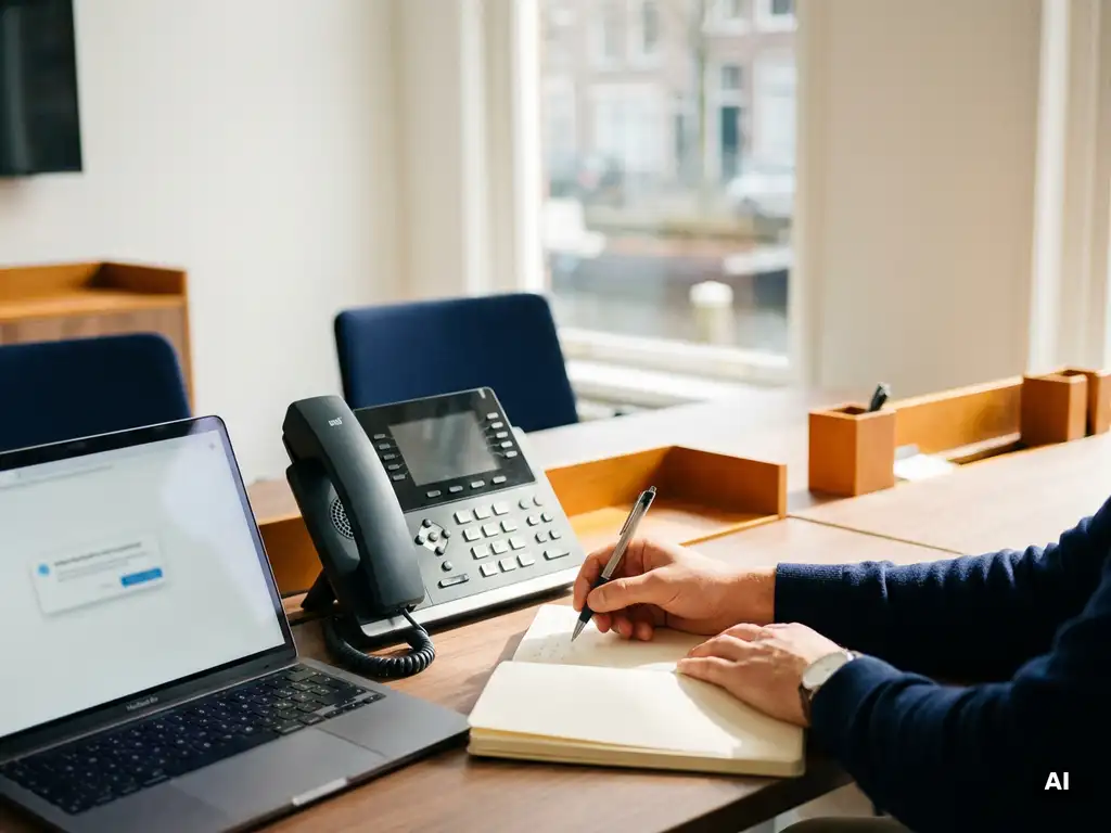 Receptionist schrijft in notitieboek naast telefoon en laptop met e-mailmelding, modern kantoor in Delft.