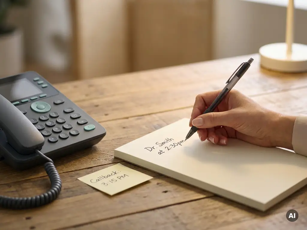Receptioniste schrijft notities op notitieboek naast moderne bureautelefoon met terugbelafspraak op sticky note.