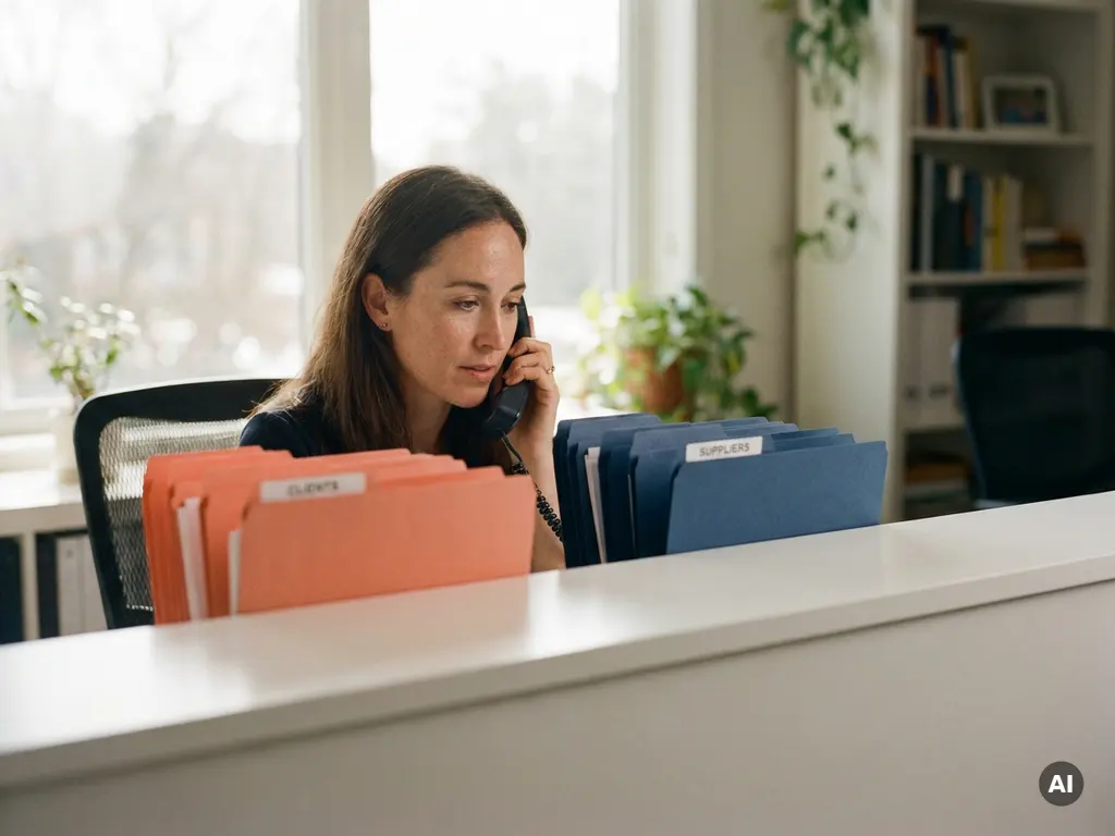 Receptionist aan modern bureau met telefoonhoorn, coral en marineblauw gekleurde mappen voor gescheiden gespreksroutering naar klanten en leveranciers.