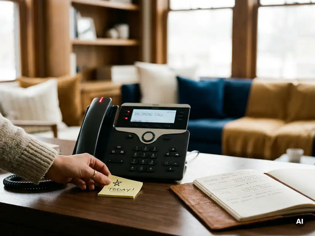 Receptioniste plaatst ster-sticker op notitieblok naast rinkelende bureautelefoon in warm verlicht Nederlands kantoor.