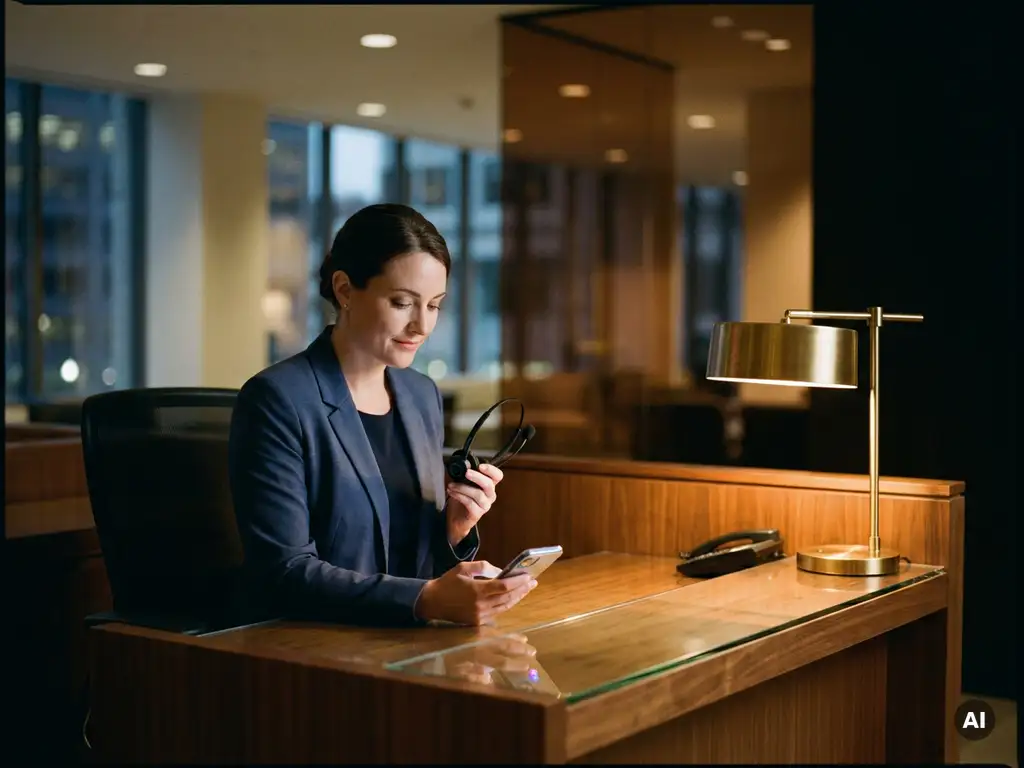 Receptionist met headset bekijkt smartphone met inkomende oproep aan modern bureau in rustig avondkantoor met warme verlichting.