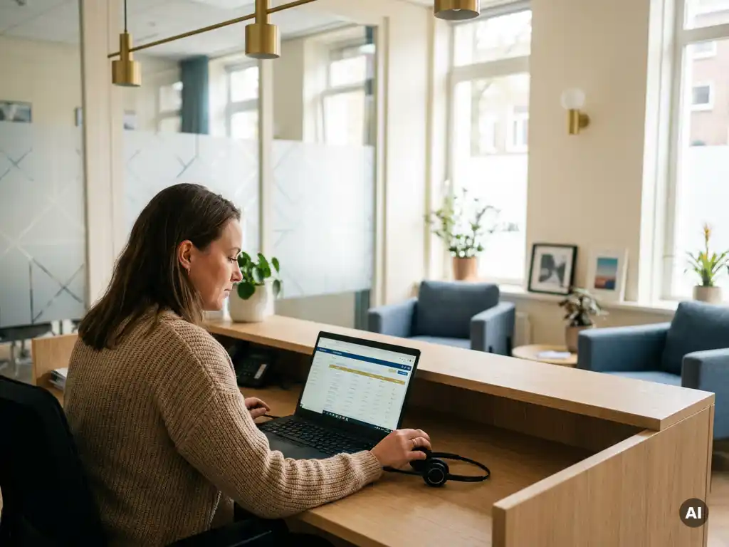 Vrouwelijke receptioniste met headset bekijkt georganiseerd bellogboek op laptop aan een opgeruimd bureau in warm, lichtrijk kantoor.