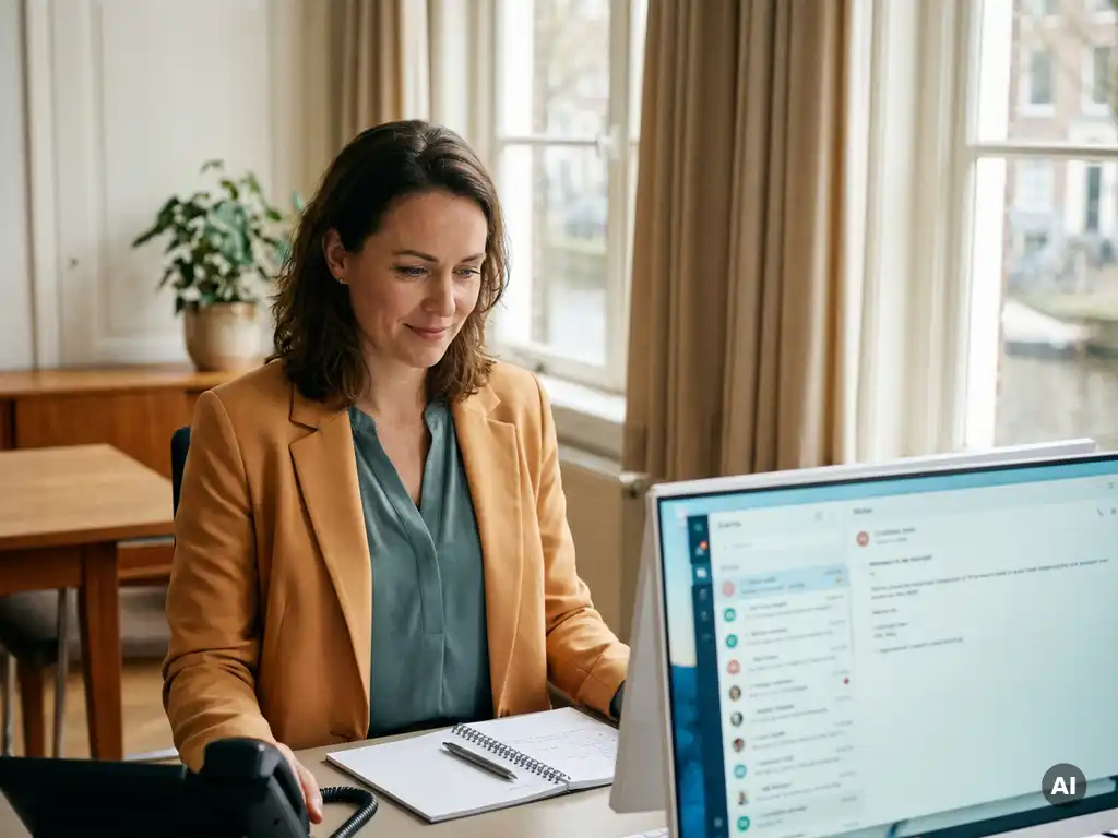 Professionele receptioniste bekijkt belgeschiedenis op desktopscherm naast telefoonhoorn en notitieboek in warm verlicht kantoor.