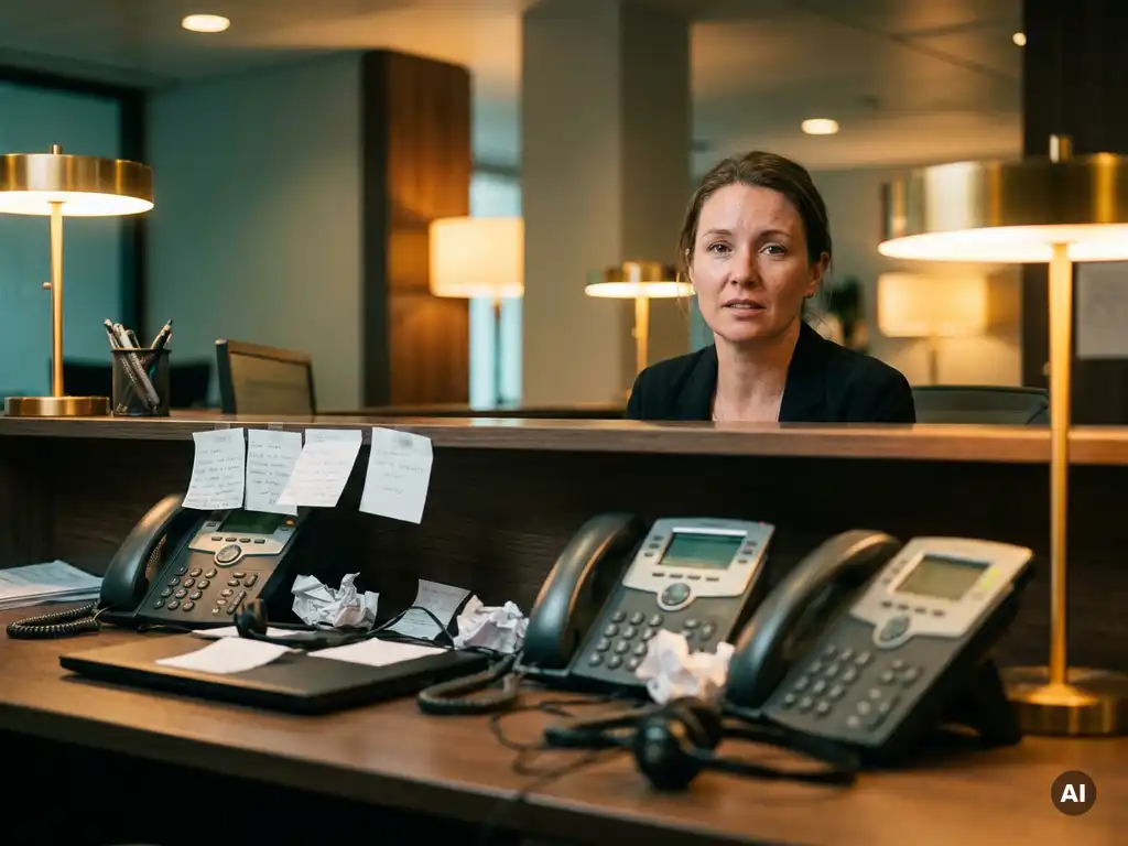 Receptioniste aan modern bureau overweldigd door rinkelende telefoons en berichtenbriefjes, warme kantoorverlichting in teal en amber tinten.