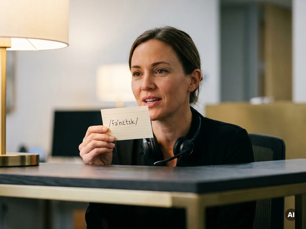 Receptioniste aan modern bureau bestudeert fonetische notitiekaart met headset om nek, warm kantoorlicht, scherptediepte.