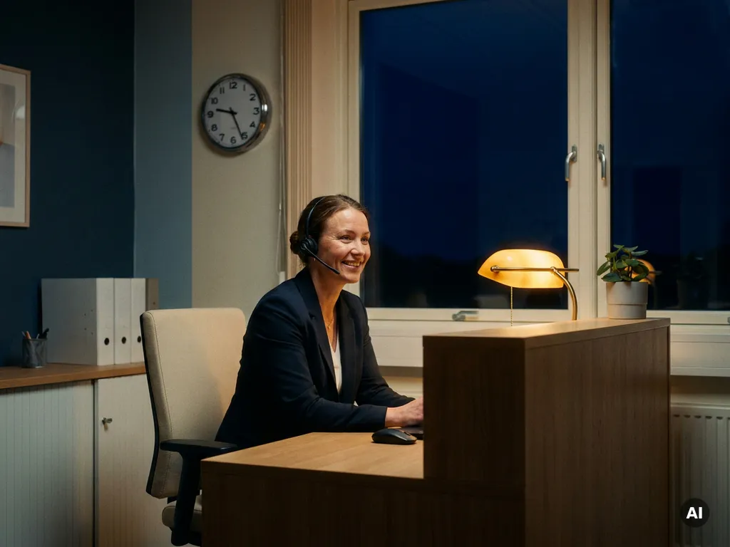 Vrouwelijke receptioniste met headset aan bureau beantwoordt telefoontjes in kantoor tijdens avonduren, warme amberkleurige bureaulamp verlicht de ruimte.