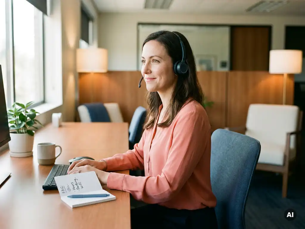 Vrouwelijke receptioniste met headset beantwoordt rustig een telefoongesprek aan een modern bureau met notitieboekje en FAQ-aantekeningen.