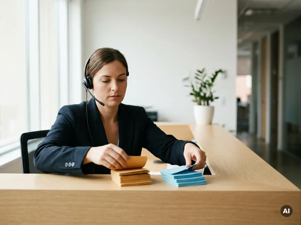 Vrouwelijke receptioniste met headset sorteert kleurgecodeerde belnotities in amber en blauw stapels op modern bureau.