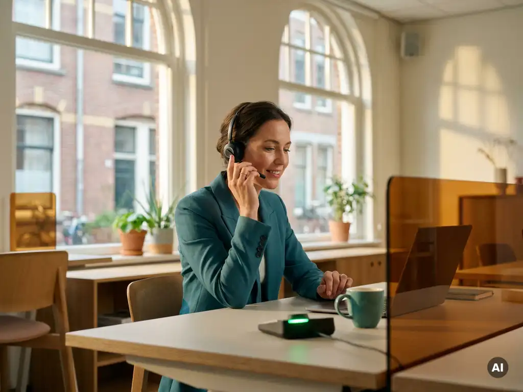 Vrouwelijke receptioniste beantwoordt rustig een headsetgesprek aan een opgeruimd modern bureau in een licht Nederlands kantoor.