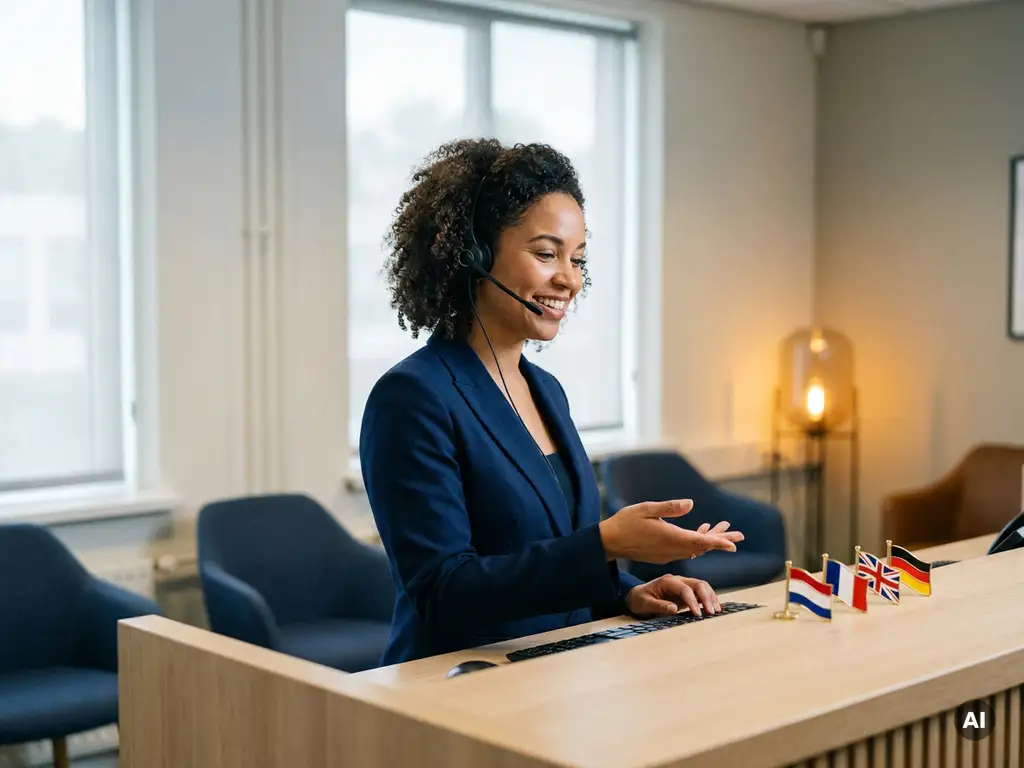 Vrouwelijke receptioniste met headset aan modern bureau, internationale vlaggenspeldjes naast toetsenbord, lichte Nederlandse kantooromgeving.