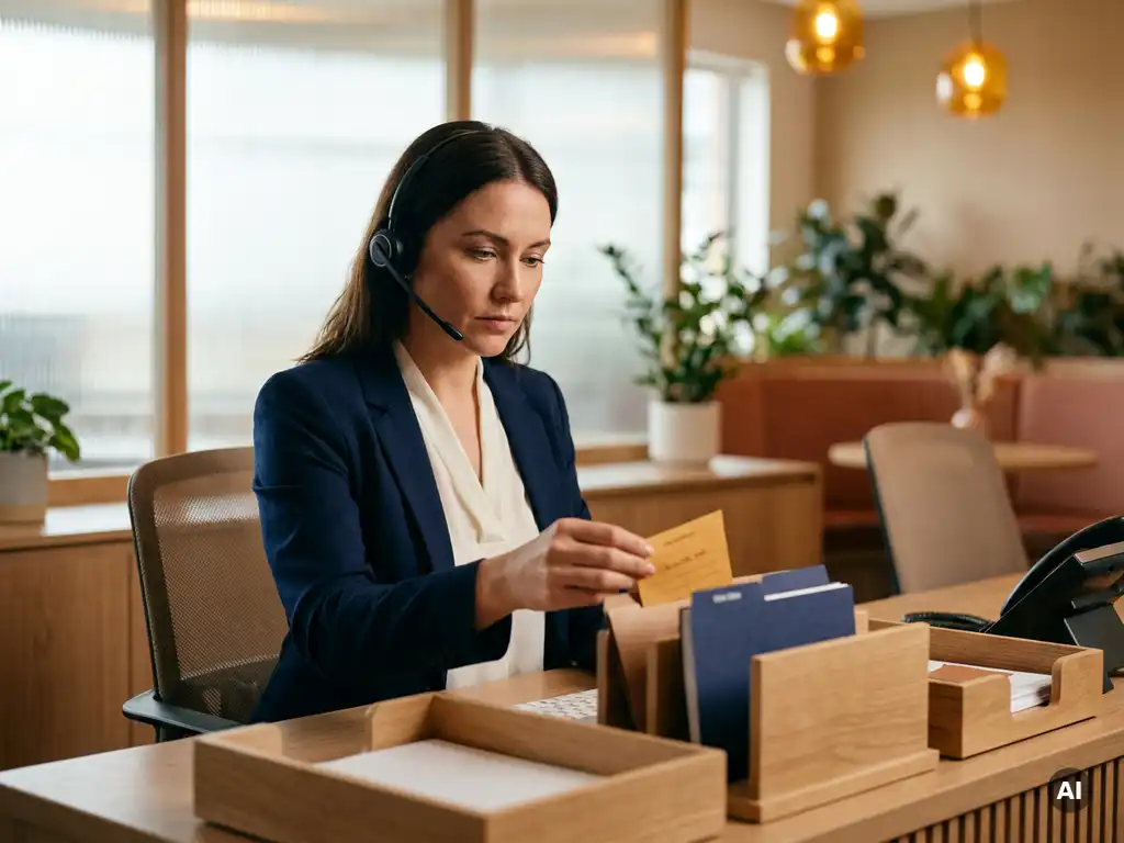 Receptioniste met headset sorteert een belnotitie in een gelabelde bureauorganizer, gefocuste uitdrukking, warm kantoor met natuurlijk licht.