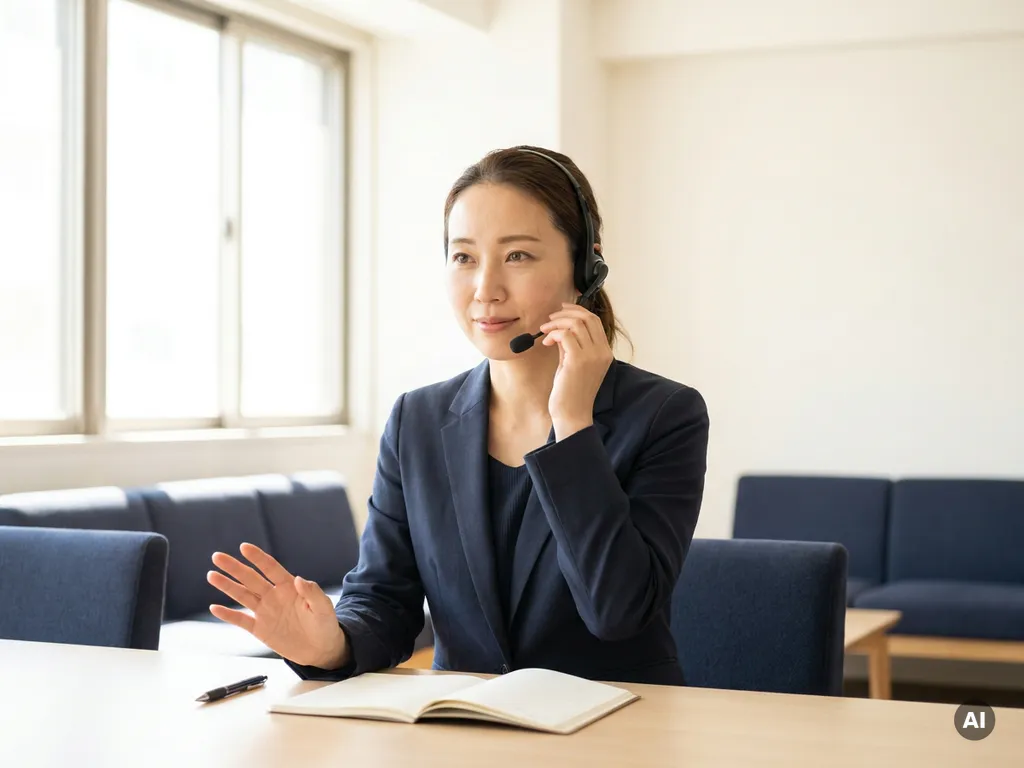 Vrouwelijke receptioniste met telefoonheadset maakt stopgebaar boven notitieblok in modern Nederlands kantoor.