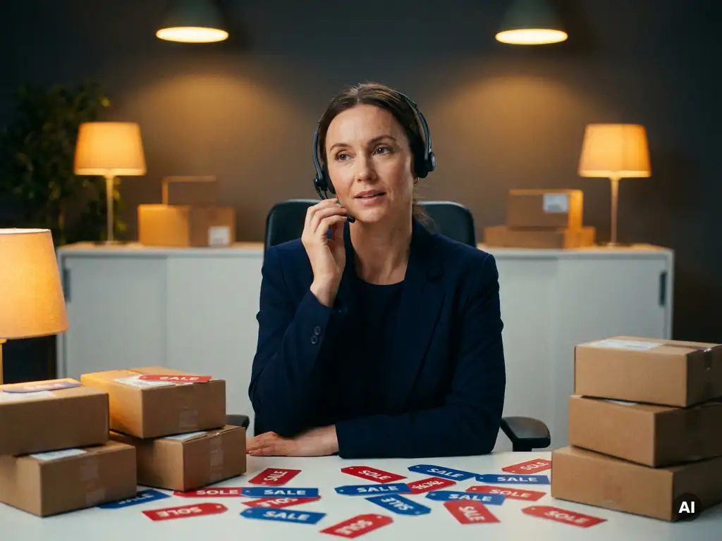 Vrouwelijke receptionist met headset beheert meerdere telefoongesprekken aan modern bureau omringd door kortingslabels en verzenddozen.