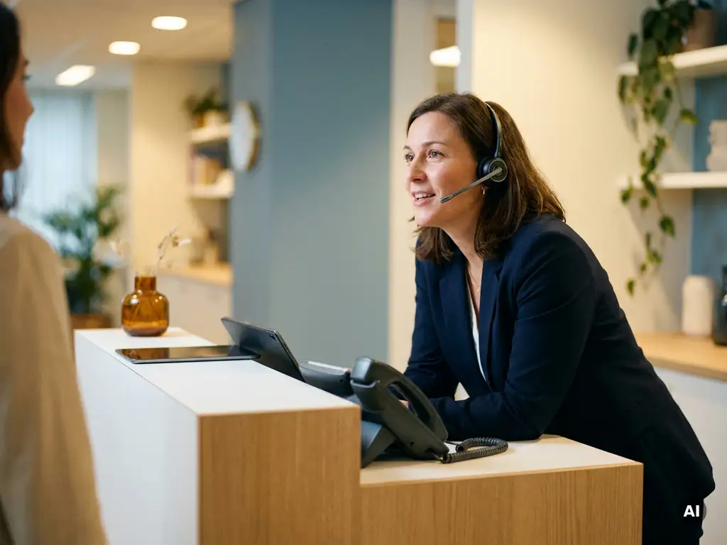 Vrouwelijke receptioniste met headset leunt voorover aan modern bureau tijdens telefoongesprek, tweede handset zichtbaar op de achtergrond.