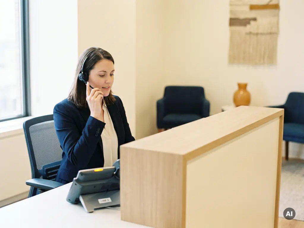 Professionele vrouw met headset aan receptiebalie beantwoordt oproep terwijl tweede inkomende lijn knippert op bureautelefoon.