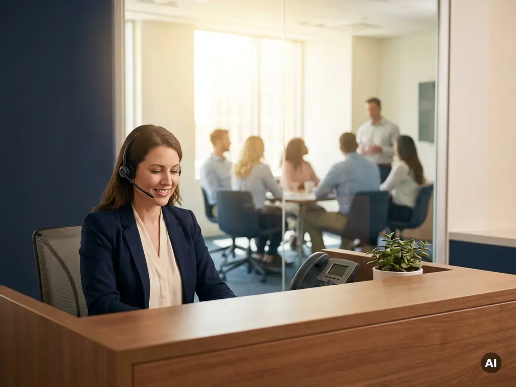 Professionele vrouw met headset aan receptiebalie, op de achtergrond medewerkers in vergaderruimte tijdens training.
