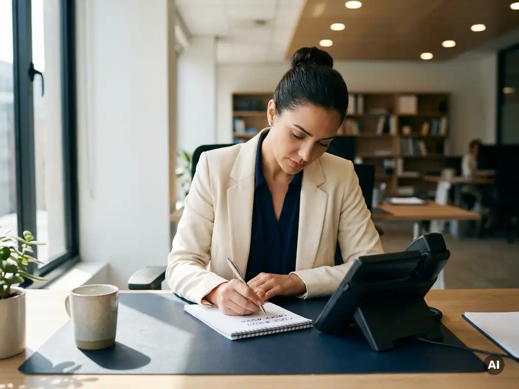 Vrouwelijke receptioniste noteert klant- en ordernummers op een notitieblok naast een moderne bureautelefoon in een kantooromgeving.