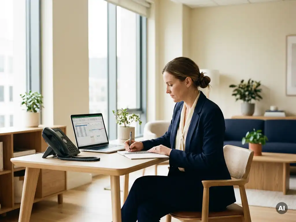Vrouwelijke receptioniste noteert gespreksinformatie op een notitieblok naast een bureautelefoon en laptop in een modern Nederlands kantoor.