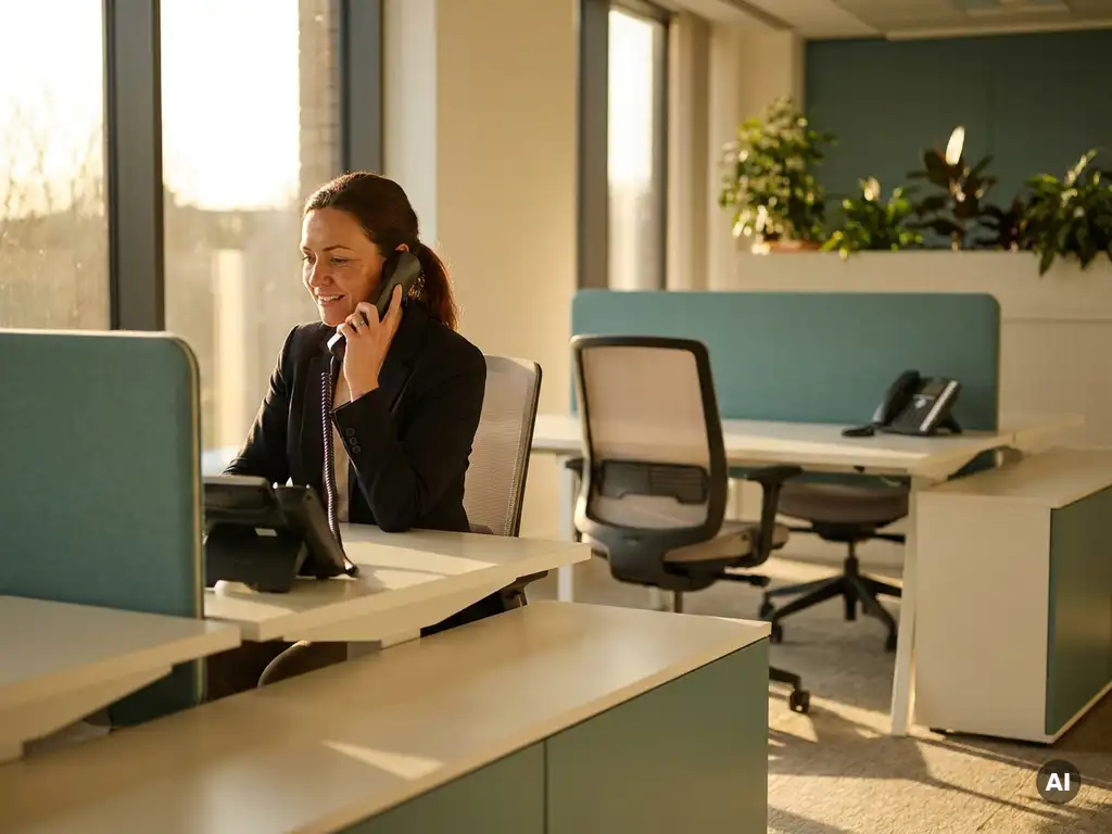 Vrouwelijke receptioniste neemt telefoon op aan modern bureau, op de achtergrond staat een tweede bureau met onbeantwoorde telefoon.