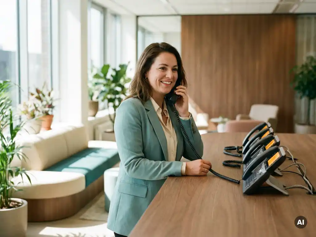 Receptioniste aan modern bureau met telefoonhoorn, drie gloeien de kantoortelefoons op een rij symboliseren doorgeschakelde gesprekken.