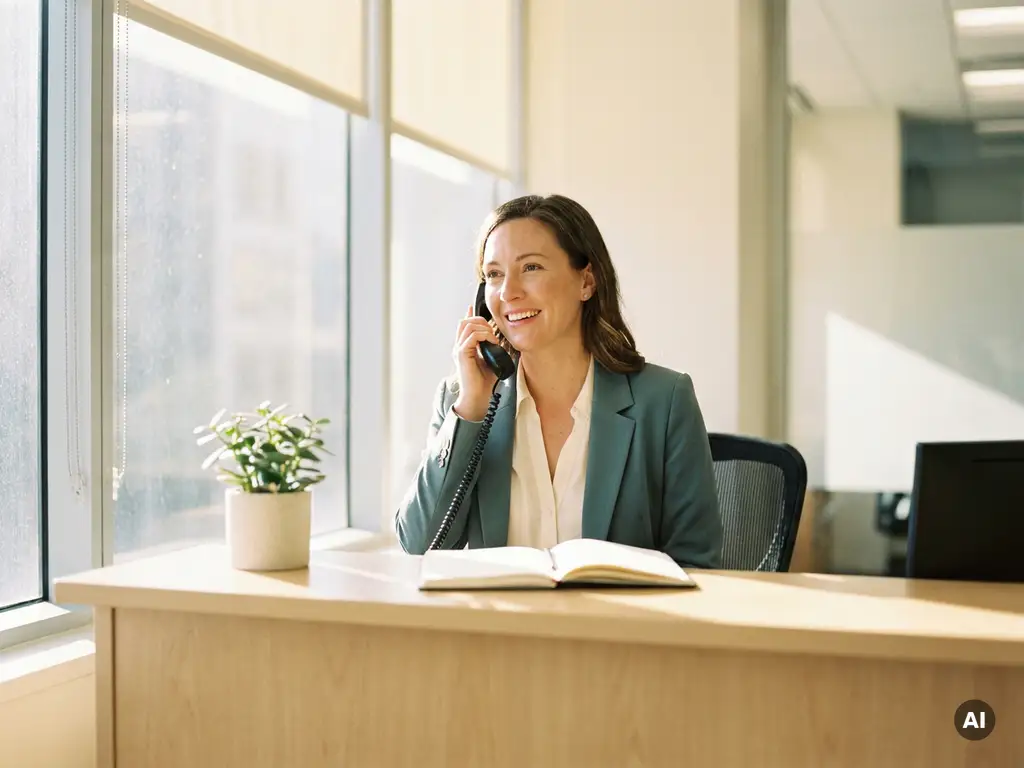 Professionele vrouw met headset aan receptiebalie, omgeven door warm ochtendlicht, potplant en notitieboek, rustige kantooromgeving.