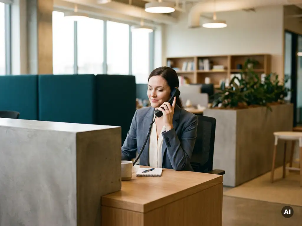 Vrouwelijke receptioniste aan modern bureau met telefoonhoorn in hand, notitieblok en pen binnen handbereik, rustige kantooromgeving.