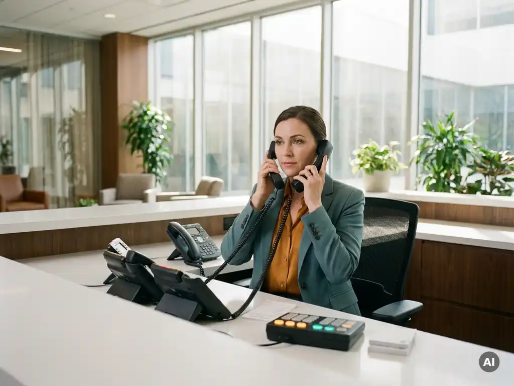 Vrouwelijke receptioniste beheert meerdere telefoongesprekken tegelijk aan een modern bureau met verlichte schakelpaneel en berichtenbriefjes.