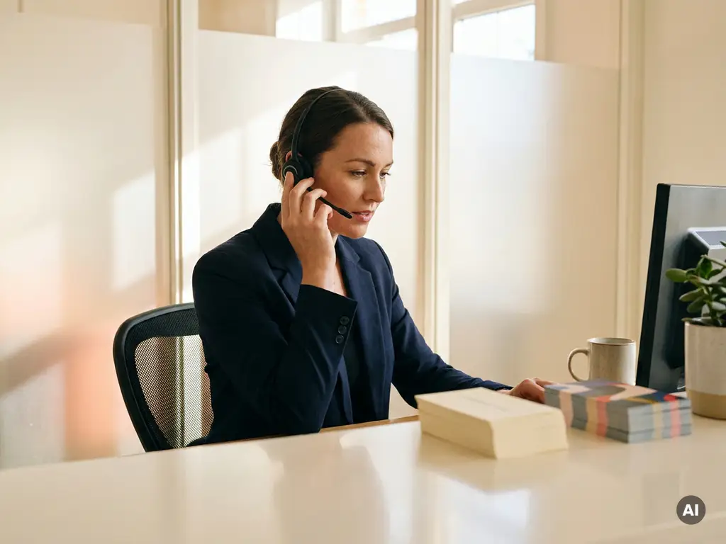 Receptioniste met headset aan modern bureau, twee visitekaartjes naast elkaar: één stijlvol crème, één kleurrijk casual, in warm kantoorlicht.