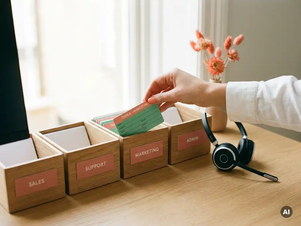 Receptioniste plaatst kleurgecodeerde routeringskaart in gelabelde bureauorganizer, headset op licht eiken bureau op de voorgrond.