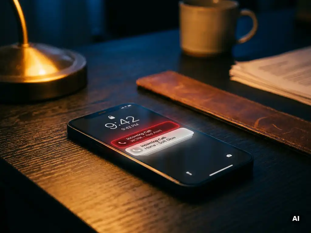 Smartphone op donker bureau met twee inkomende oproepnotificaties, rood en wit verlicht, bij sfeervol avondlicht.