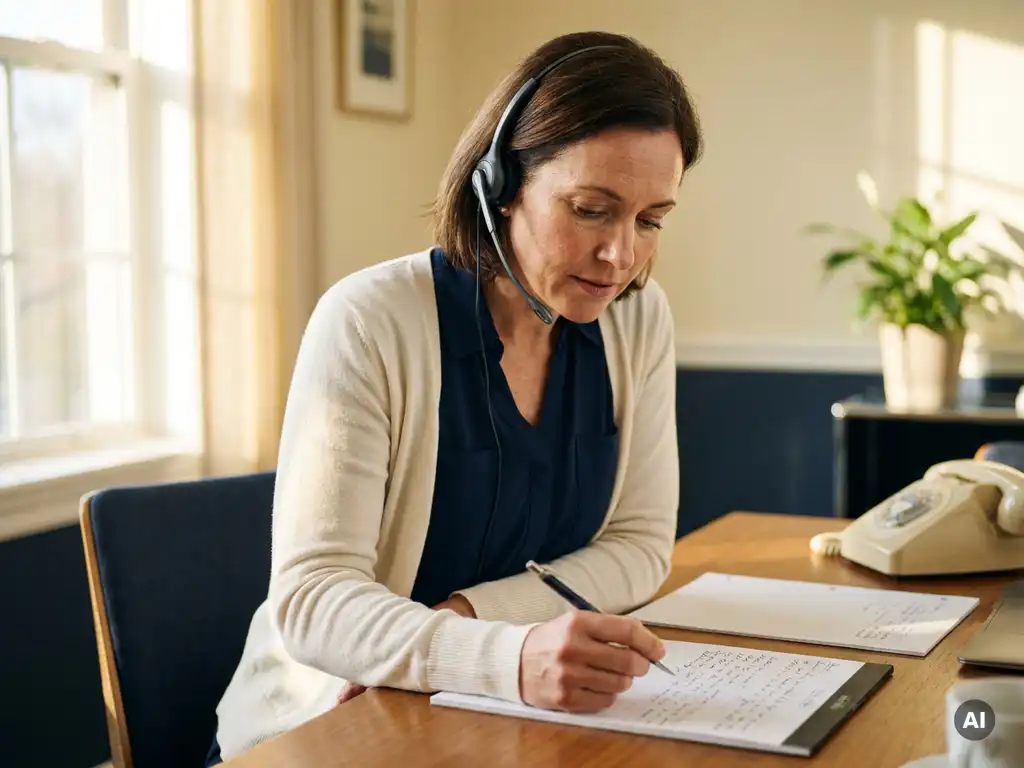 Vrouwelijke telefoniste met headset leunt aandachtig voorover aan bureau, pen boven notitieblok, warm gouden licht vanuit raam.