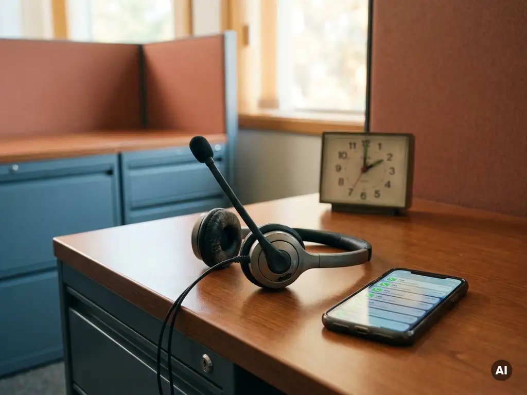 Telefoniste headset op bureau naast smartphone met meerdere inkomende gespreksnotificaties, analoge klok op achtergrond, warm kantoor.