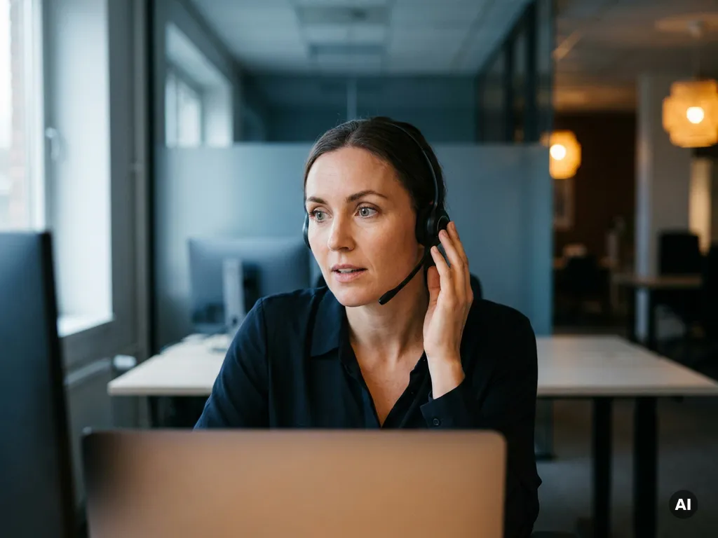 Vrouwelijke telefoniste met headset aan modern bureau, alert en geconcentreerd, zacht kantorlicht op de achtergrond.